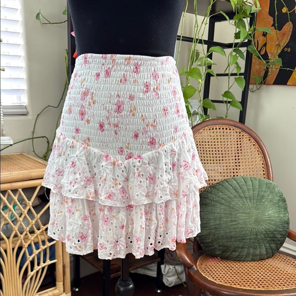 LucyParis White Eyelet Pink Floral Smocked Ruffle Boho Garden Cottage Mini Skirt